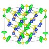 Vue en perspective de la maille cubique de la tétraédrite Cu12Sb4S13 en représentation ellipsoïde (niveau de probabilité de 95%). Les atomes Cu1, Cu2, Sb et S sont représentés par des ellipsoïdes bleu foncé, vert, marron et jaune, respectivement